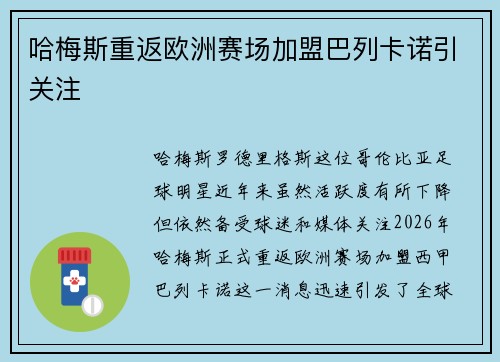 哈梅斯重返欧洲赛场加盟巴列卡诺引关注