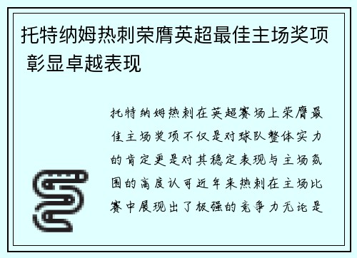托特纳姆热刺荣膺英超最佳主场奖项 彰显卓越表现